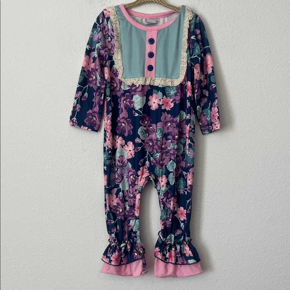 DASH OF GLITTER Floral Long Sleeve Romper with Lace Trim
